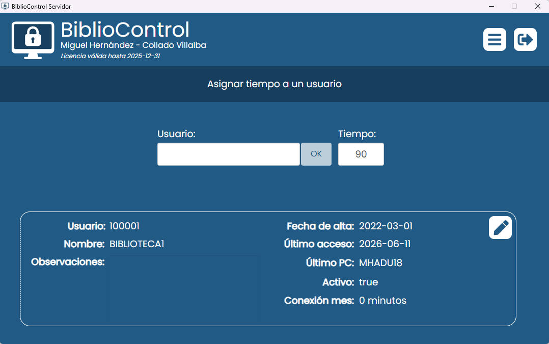 Ficha de usuario y asignación de tiempo