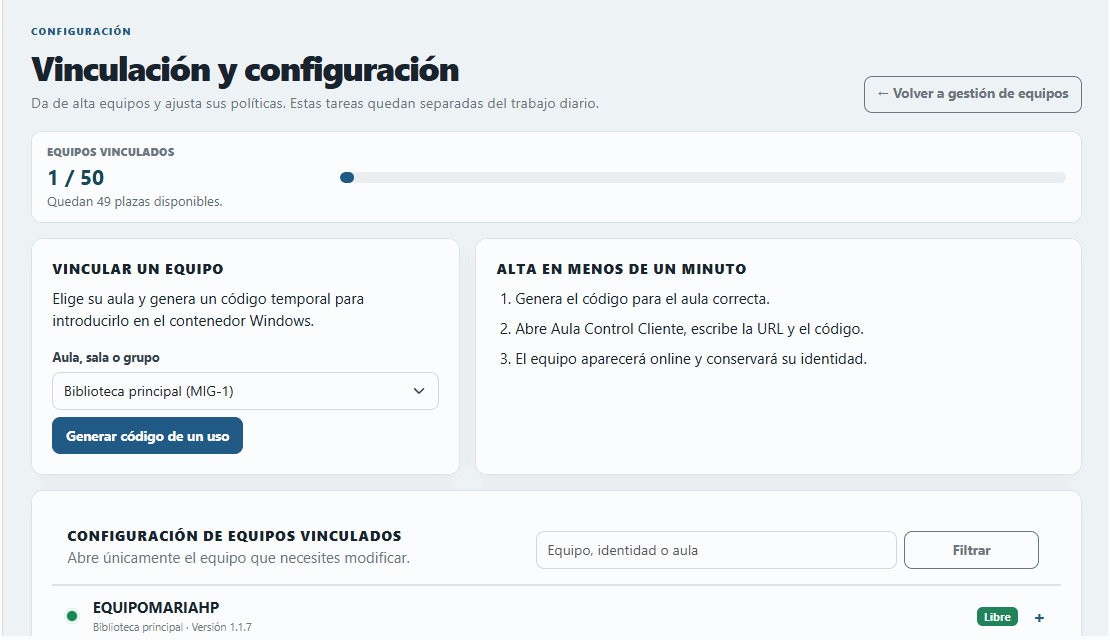 Vinculación y configuración rápida de equipos